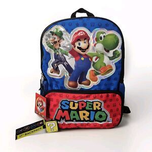 Nintendo Super Mario Backpack 17" Luigi Yoshi Padded Tablet Pocket Key Chain Kid